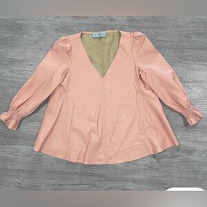 Tuckernuck Women's Pink Faux Leather Easton Blouse Ruffle Sleeve Swing Top M